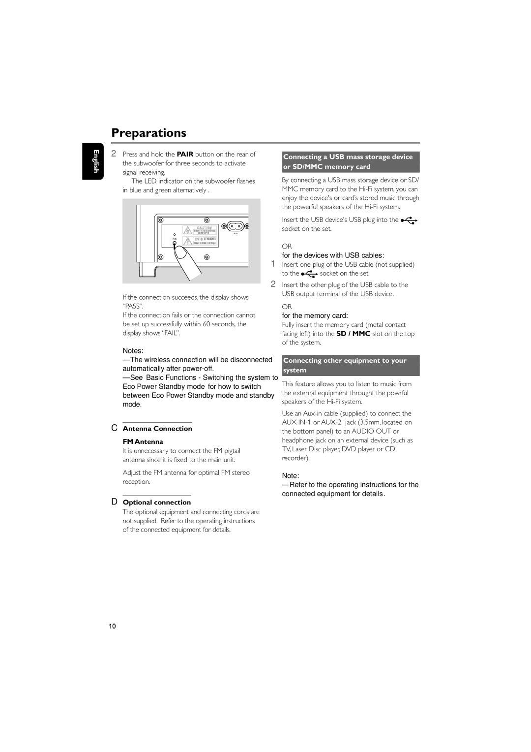 Philips DC912 quick start Antenna Connection FM Antenna, Optional connection, Connecting other equipment to your System 