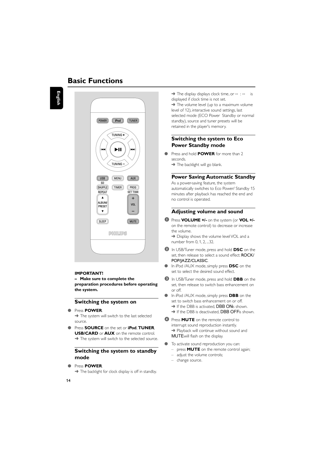 Philips DC912 quick start Basic Functions 