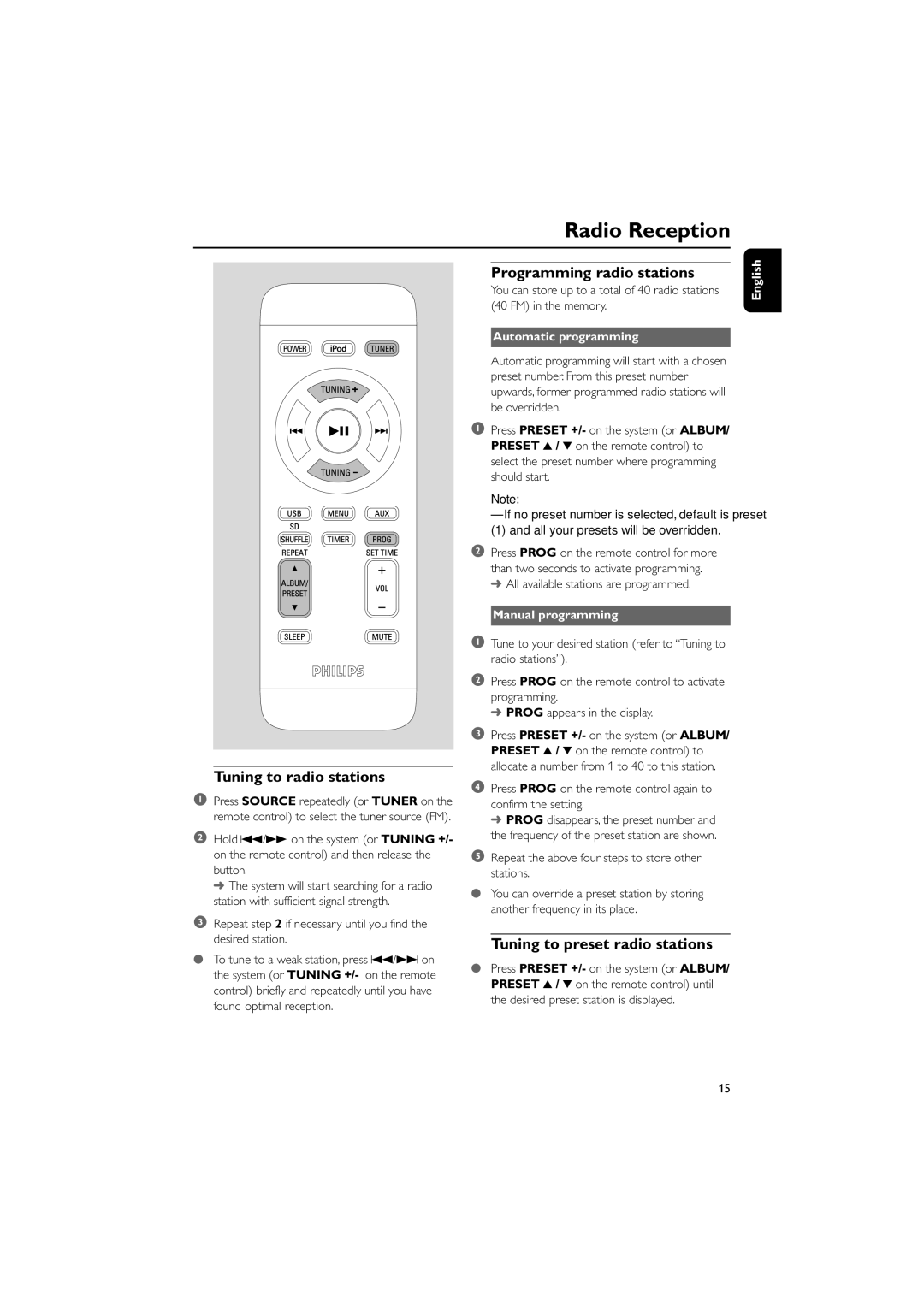 Philips DC912 Radio Reception, Tuning to radio stations, Programming radio stations, Tuning to preset radio stations 