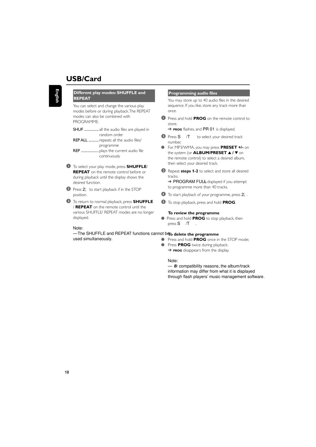 Philips DC912 quick start English Different play modes Shuffle, Programming audio files, To review the programme 