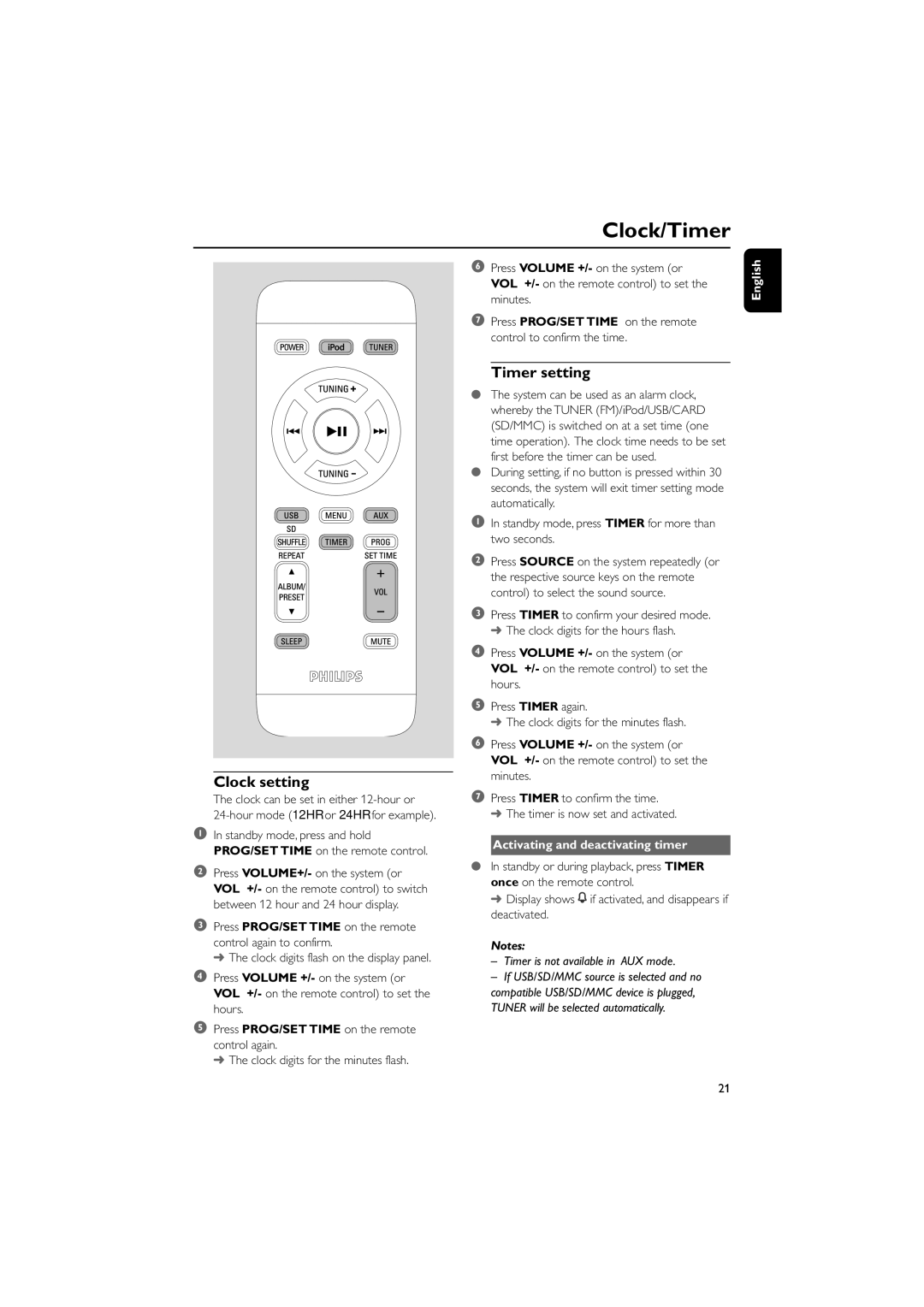 Philips DC912 quick start Clock/Timer, Clock setting, Timer setting, Activating and deactivating timer 