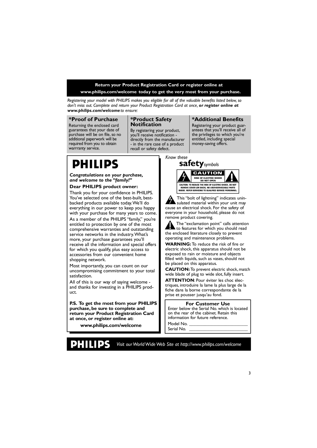 Philips DC912 For Customer Use, Return your Product Registration Card or register online at, Returning the enclosed card 