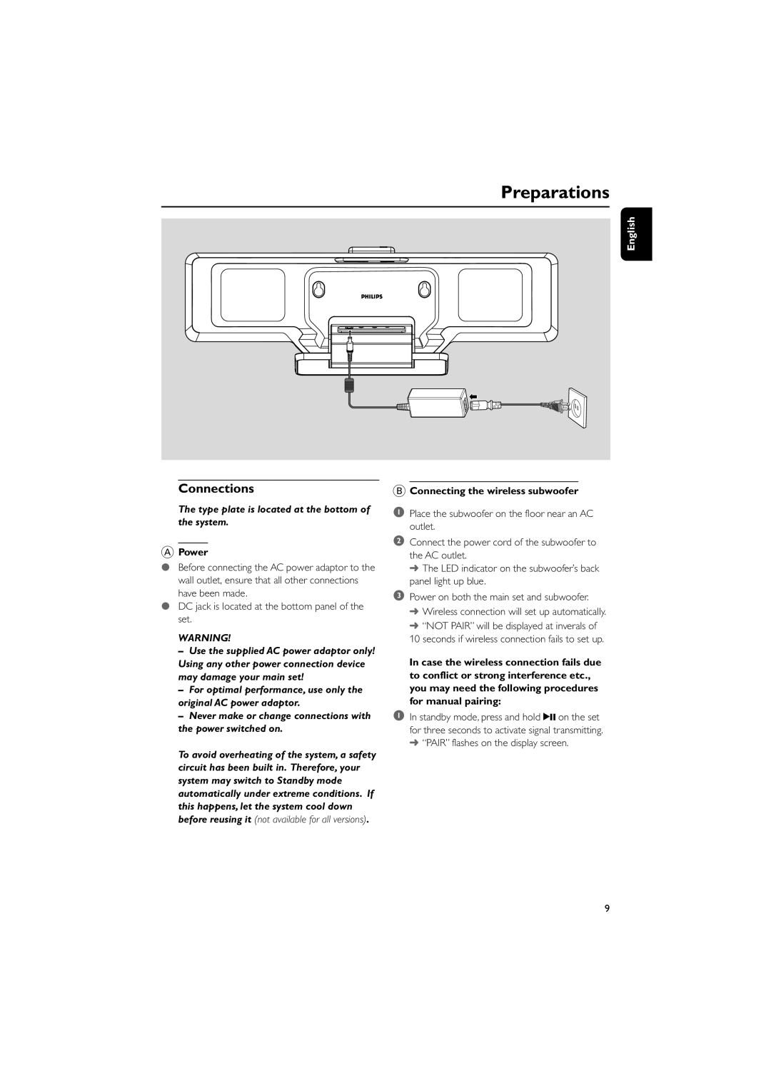 Philips DC912 quick start Preparations, Connections, Power, Connecting the wireless subwoofer 