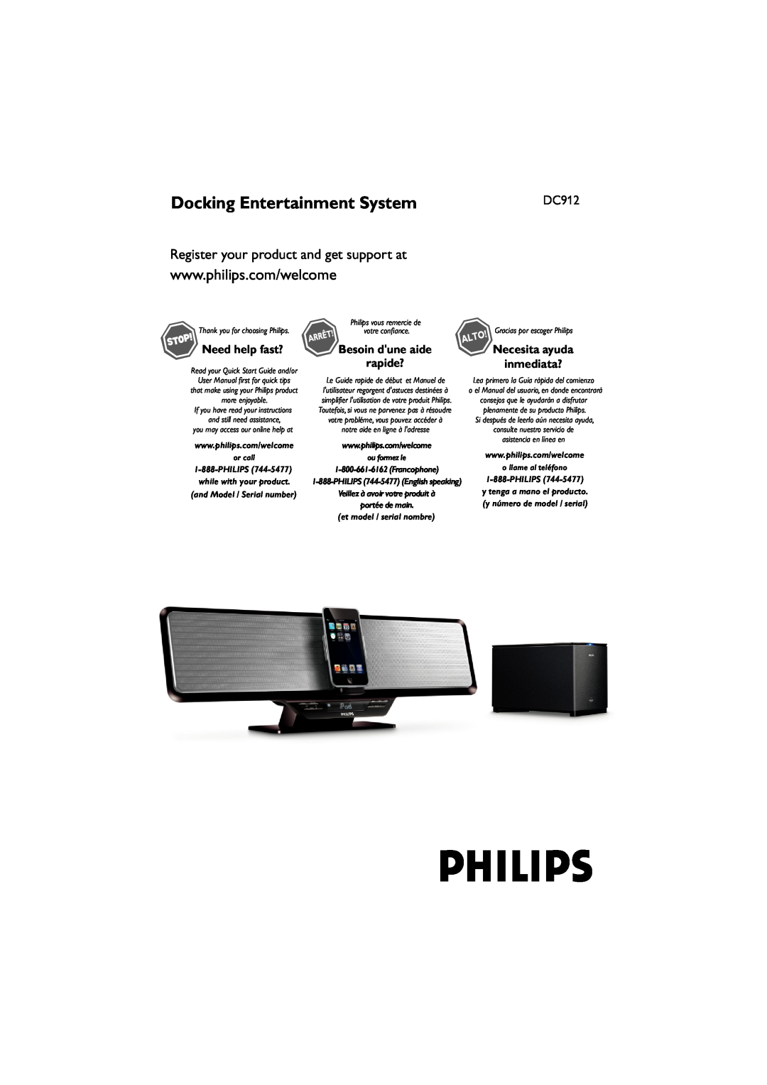 Philips DC912 quick start Necesita ayuda inmediata?, Docking Entertainment System, portée de main, ou formez le 