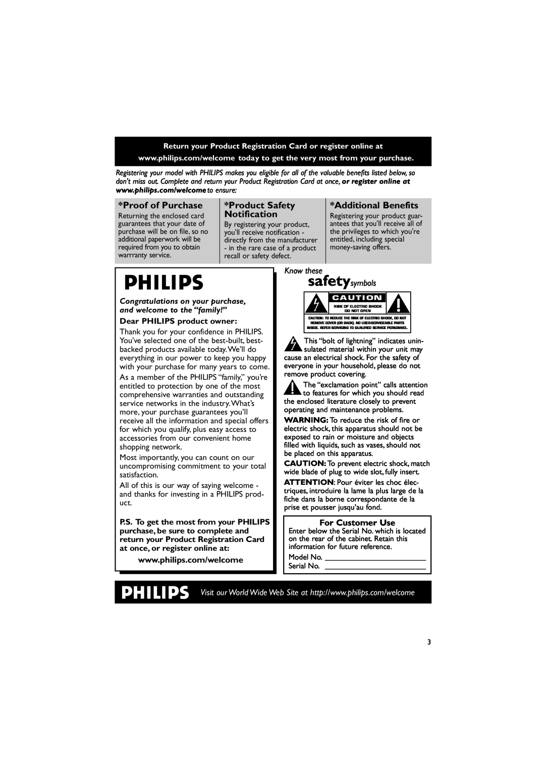 Philips DC912 quick start For Customer Use, Proof of Purchase, Product Safety, Additional Benefits, Notification 