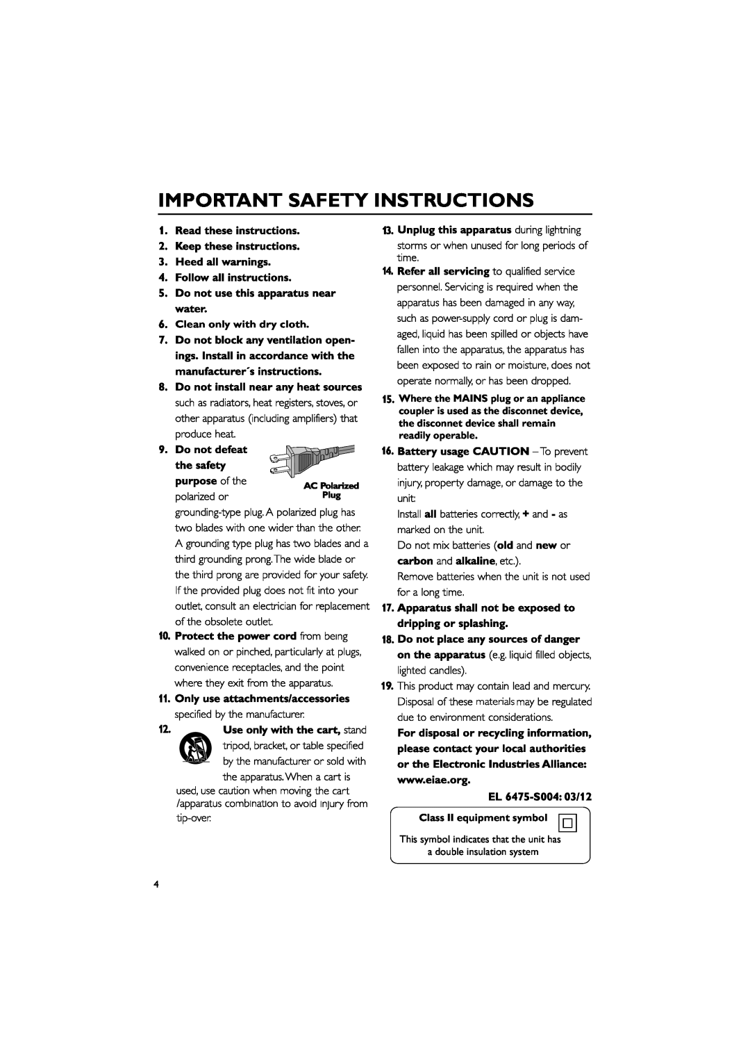 Philips DC912 quick start Important Safety Instructions, Clean only with dry cloth, Class II equipment symbol 