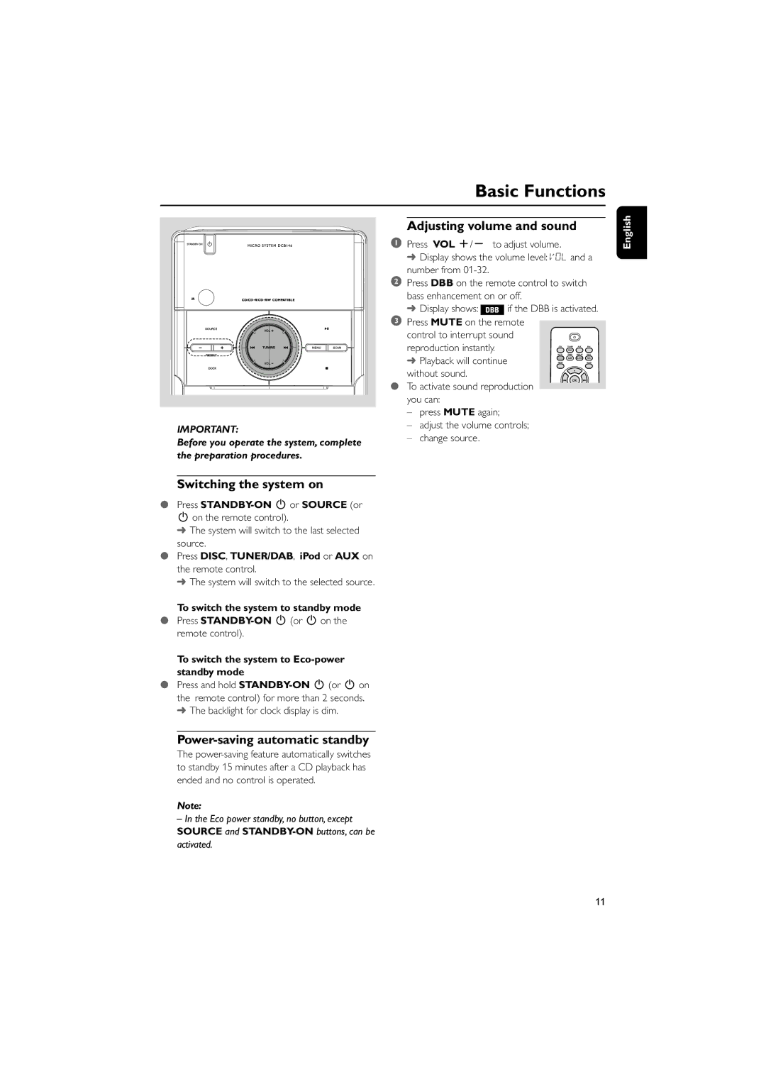 Philips DCB146 user manual Adjusting volume and sound, Switching the system on, Power-saving automatic standby 