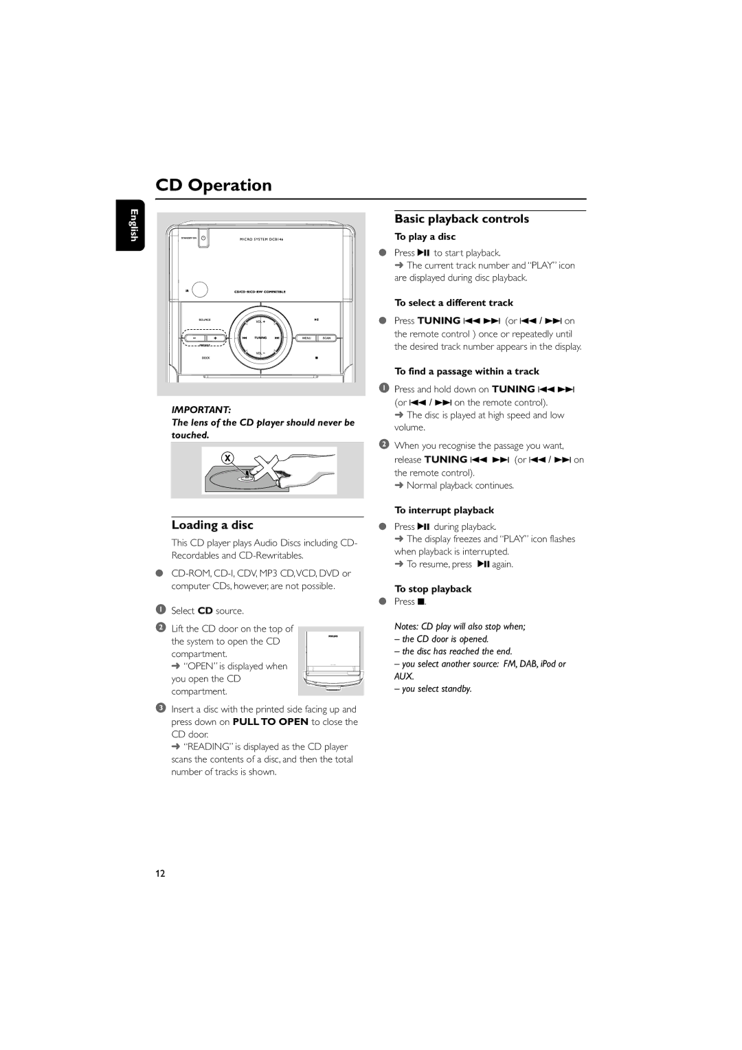 Philips DCB146 user manual CD Operation, Loading a disc, Basic playback controls 