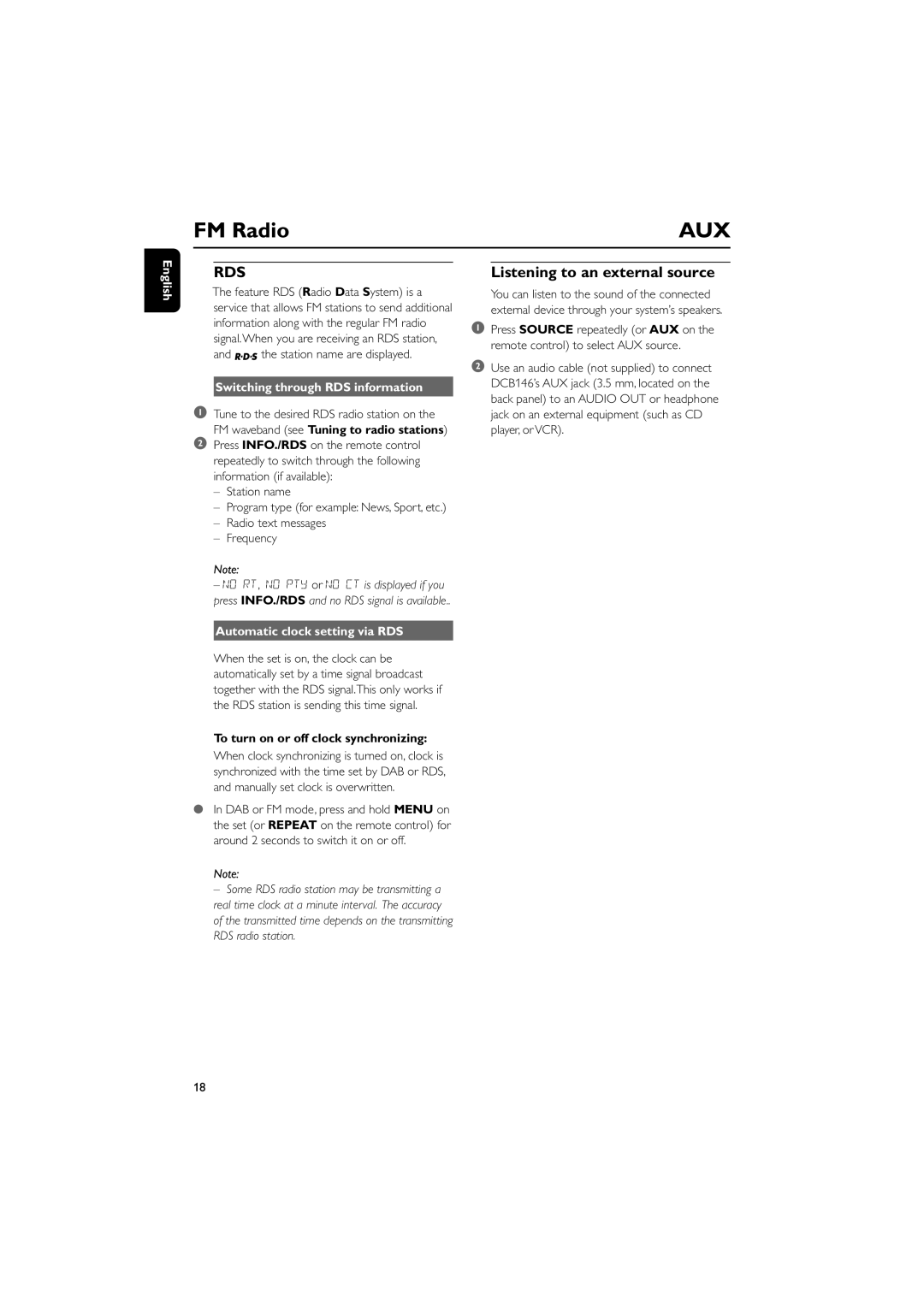 Philips DCB146 Listening to an external source, Switching through RDS information, Automatic clock setting via RDS 