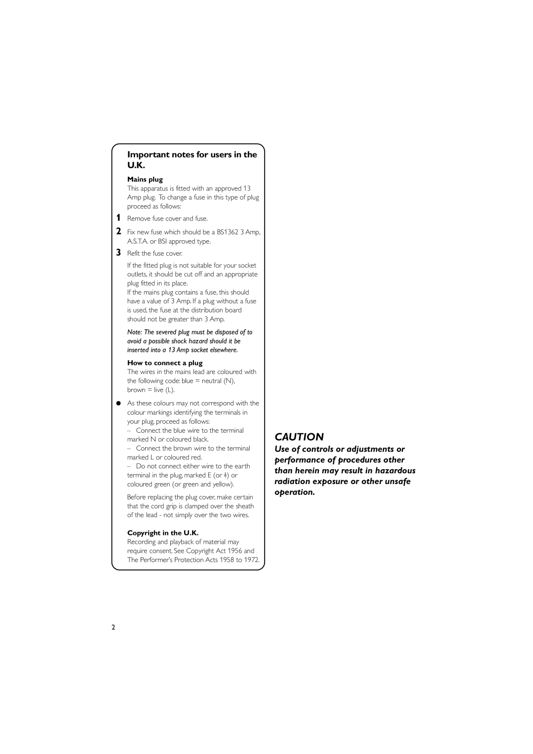 Philips DCB146 user manual Important notes for users in the U.K, Mains plug, How to connect a plug, Copyright in the U.K 