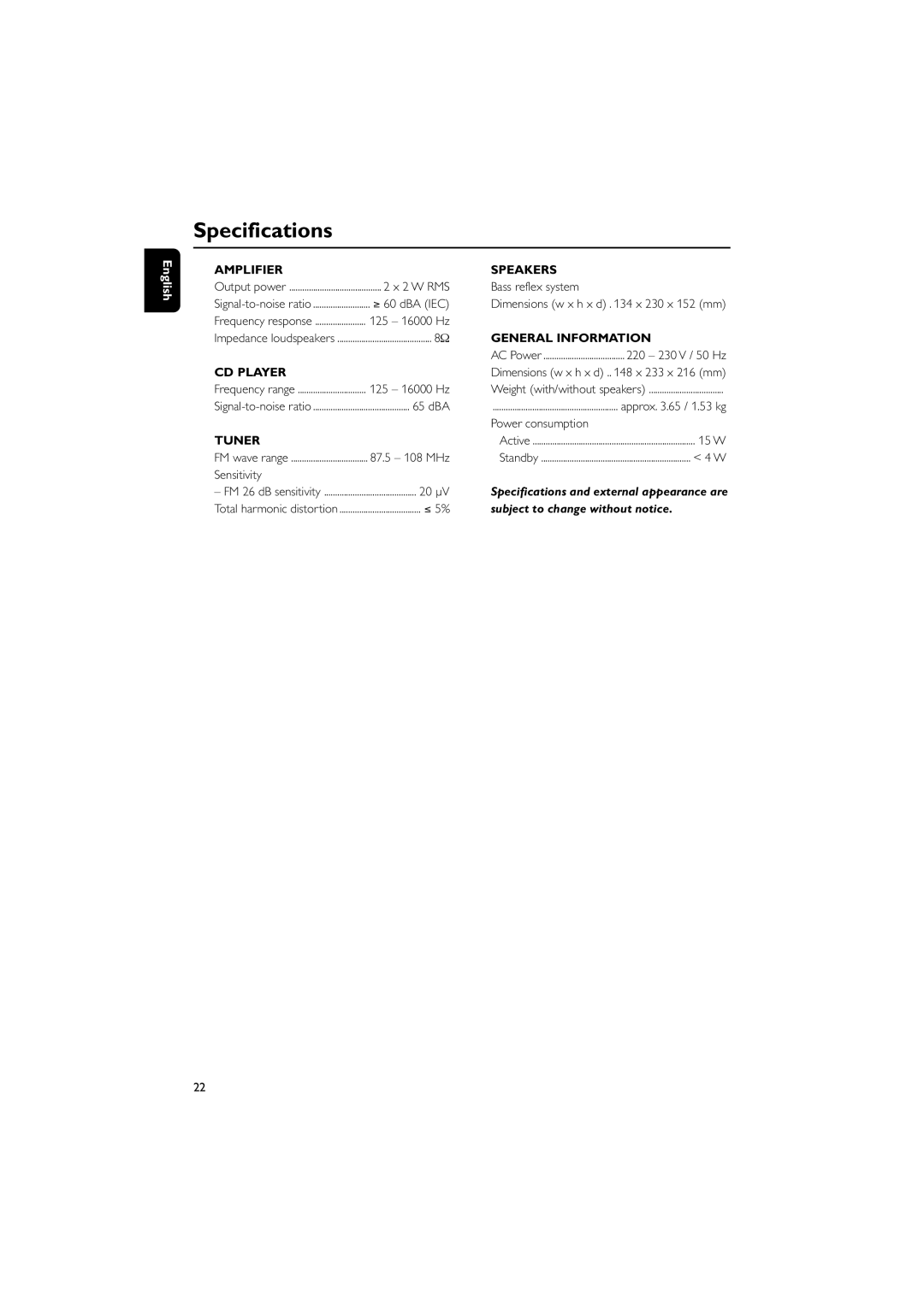 Philips DCB146 user manual Specifications, Amplifier 