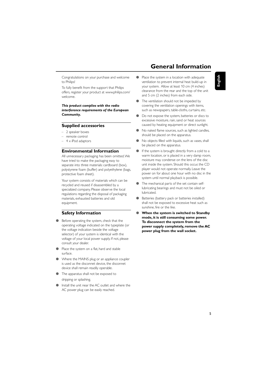 Philips DCB146 user manual General Information, Supplied accessories, Environmental Information, Safety Information 