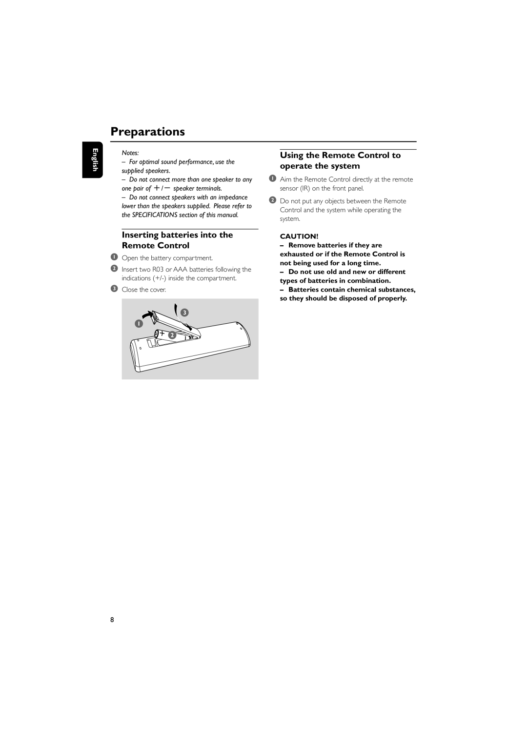 Philips DCB146 user manual Using the Remote Control to operate the system, Inserting batteries into the Remote Control 