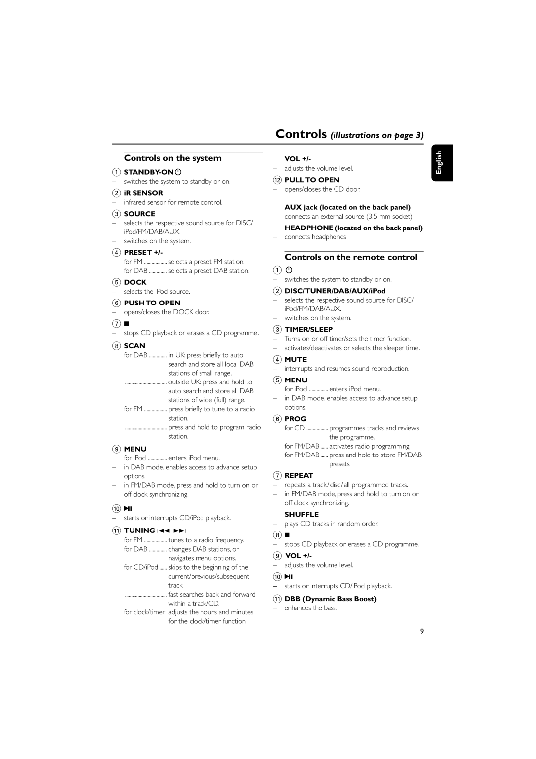 Philips DCB146 user manual Controls on the system, Controls on the remote control 