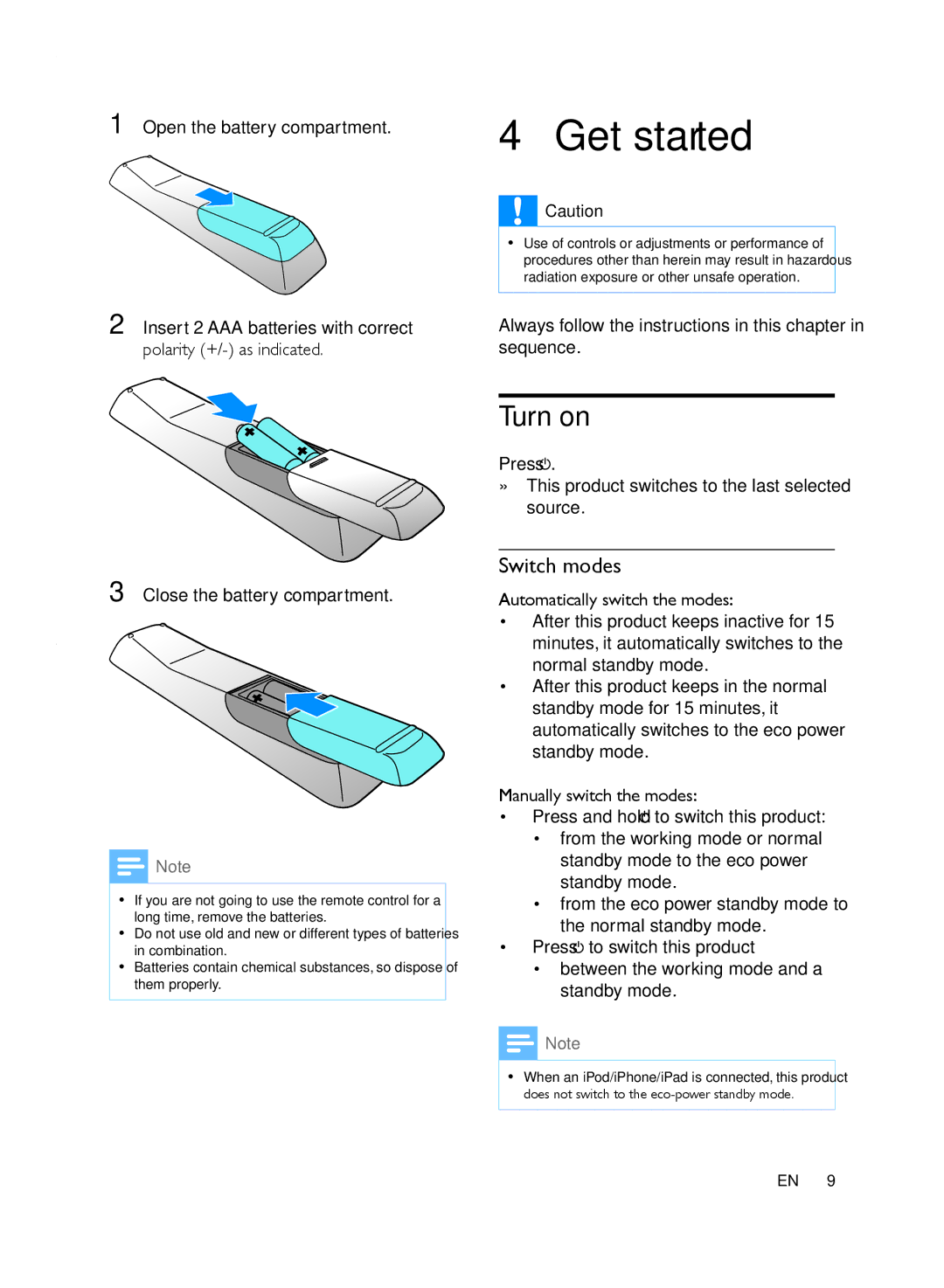 Philips DCB2020 user manual Get started, Turn on, Switch modes 