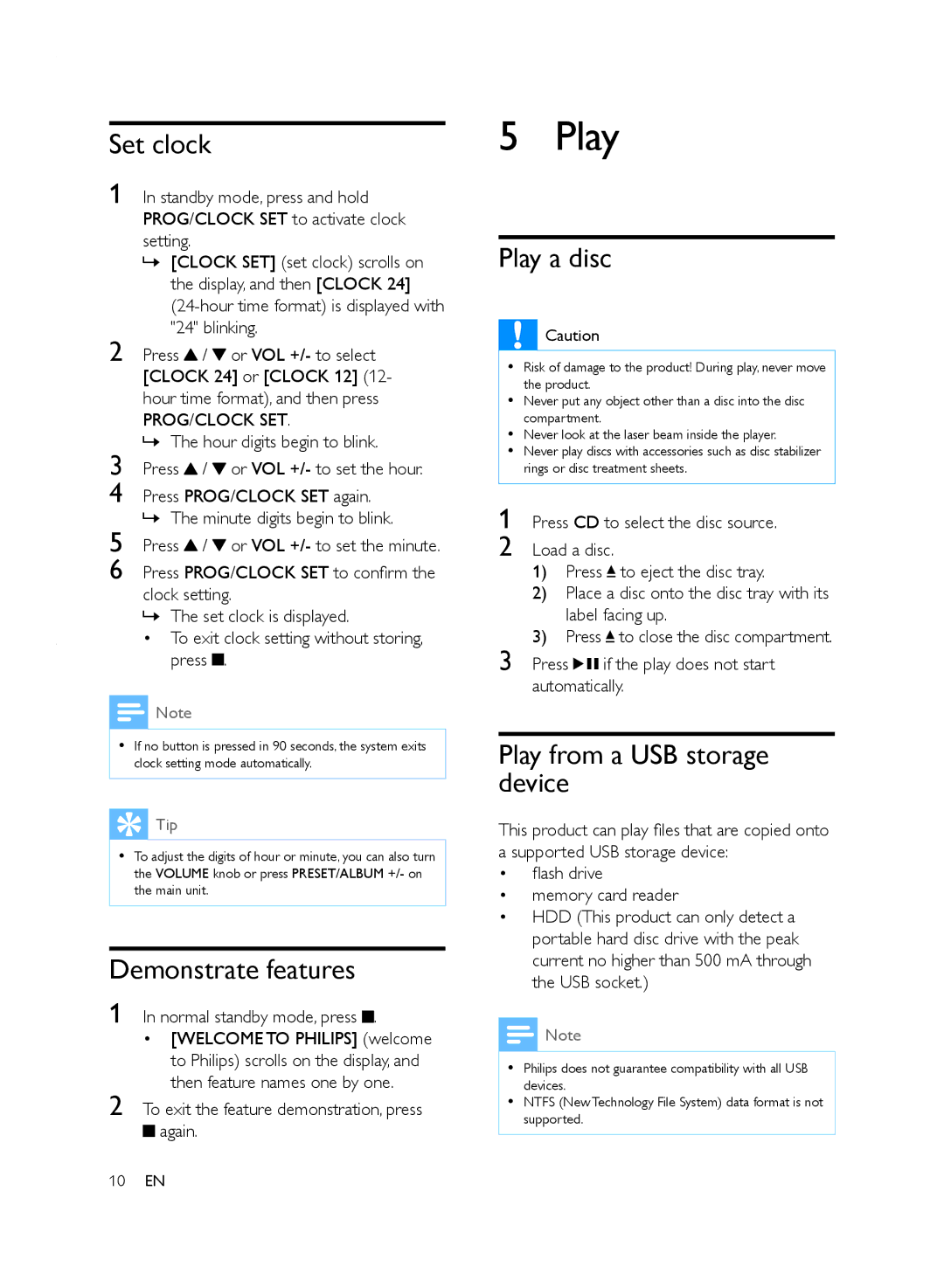 Philips DCB2020 user manual Set clock, Demonstrate features, Play a disc, Play from a USB storage device 