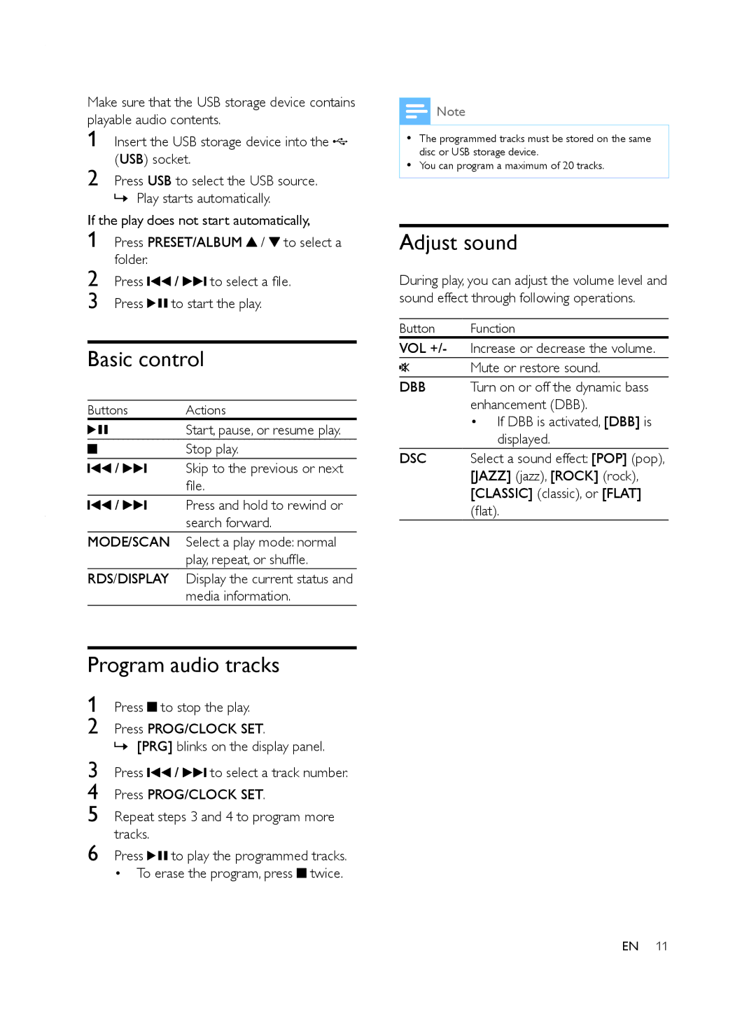 Philips DCB2020 user manual Basic control, Program audio tracks, Adjust sound 