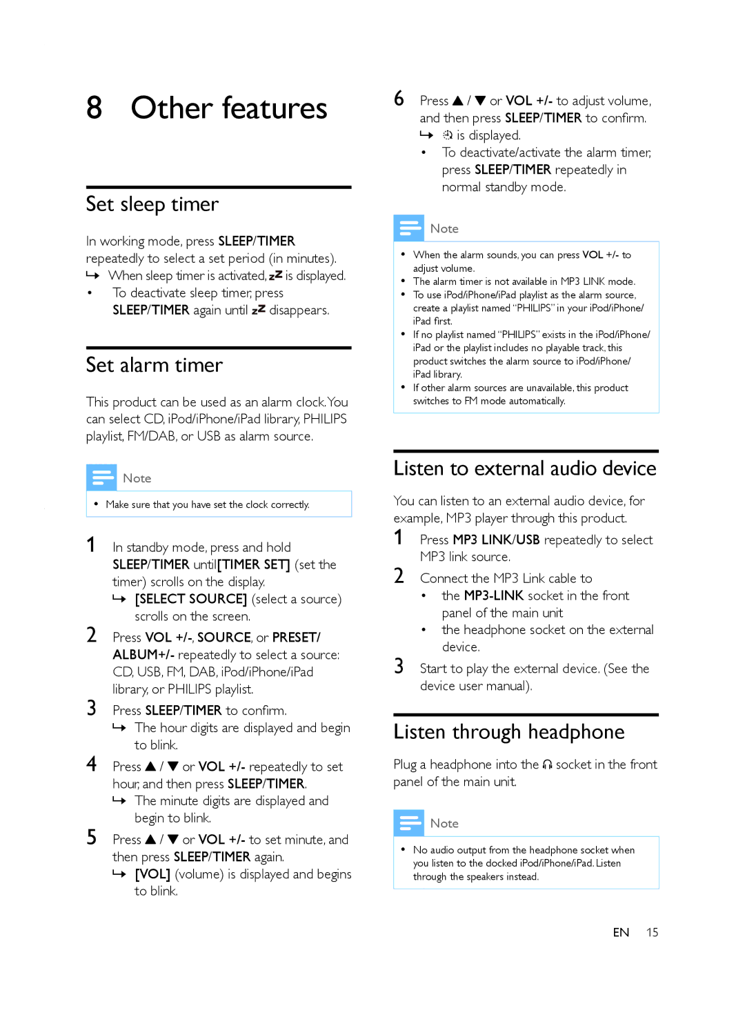 Philips DCB2020 user manual Other features, Set sleep timer, Set alarm timer, Listen to external audio device 