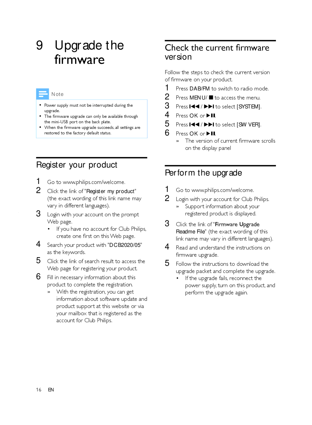 Philips DCB2020 user manual Register your product, Check the current firmware version, Perform the upgrade 