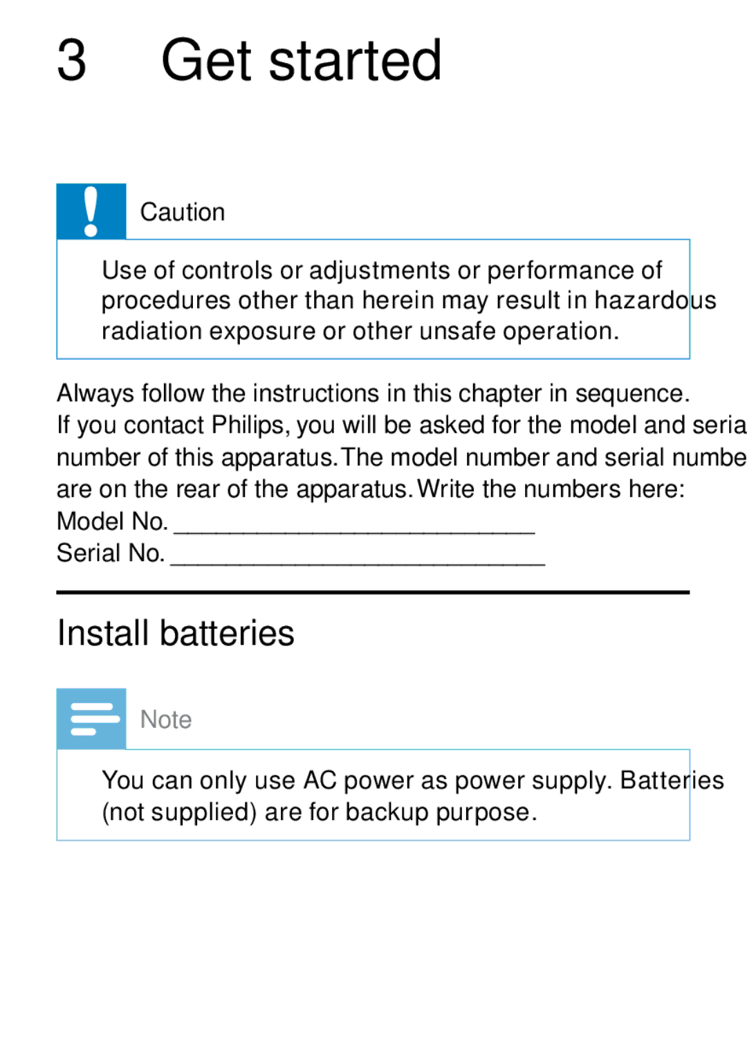 Philips DCB242 user manual Get started, Install batteries 