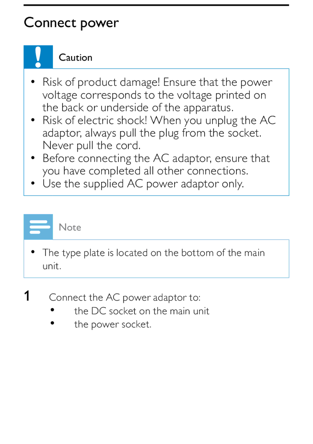 Philips DCB242 user manual Connect power, Use the supplied AC power adaptor only 