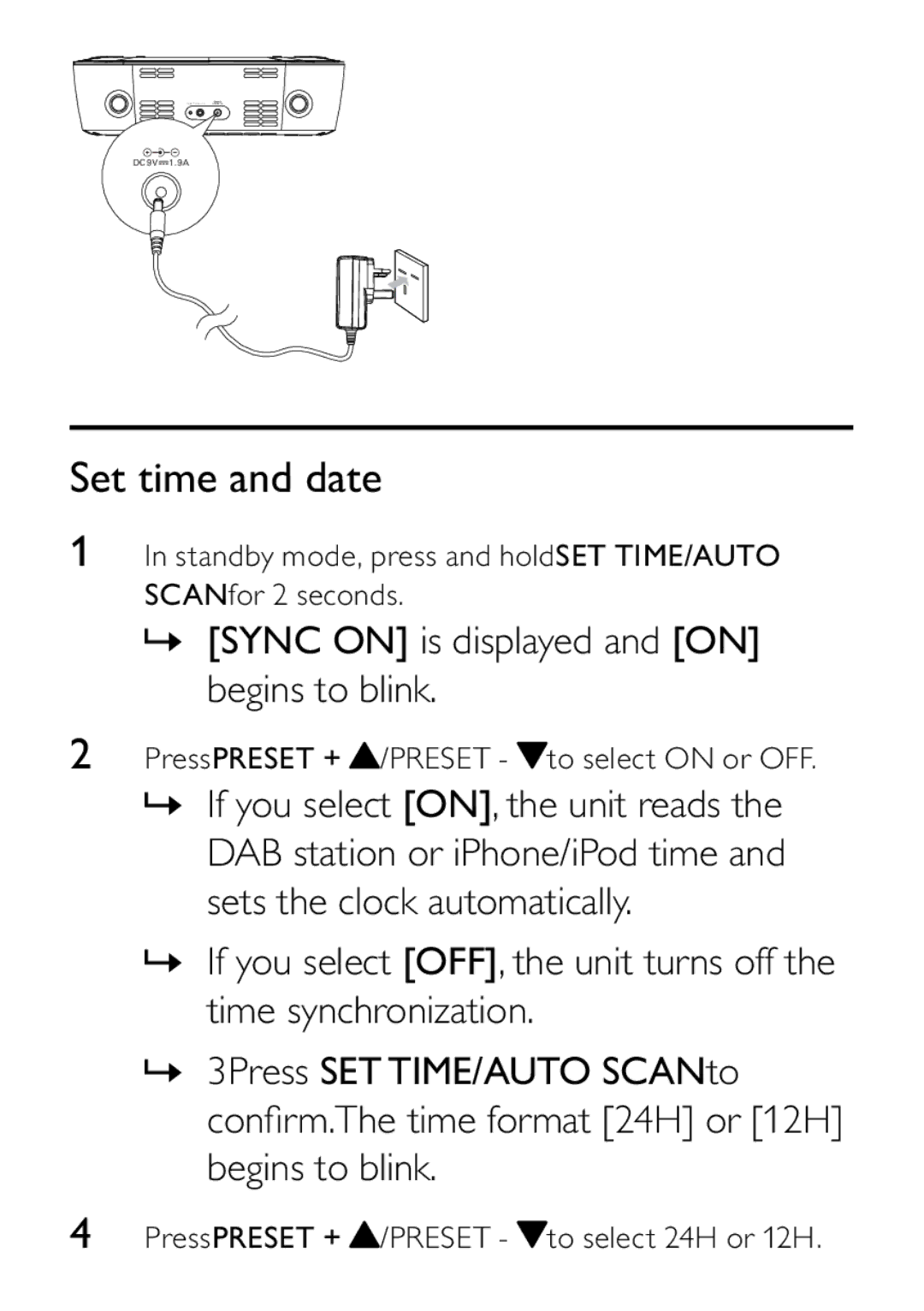 Philips DCB242 user manual Set time and date, » Sync on is displayed and on begins to blink 