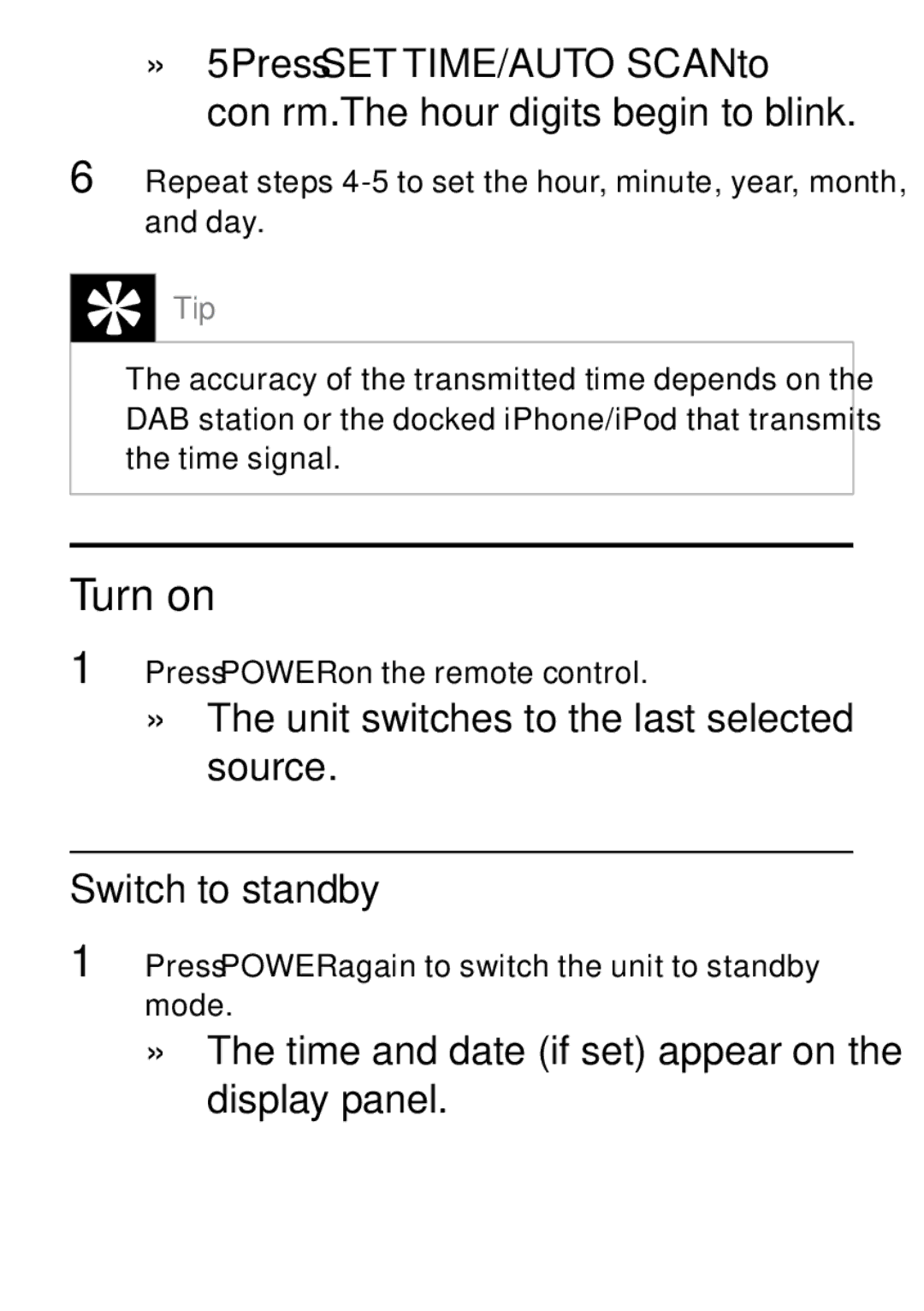 Philips DCB242 user manual Turn on, » The time and date if set appear on the display panel 