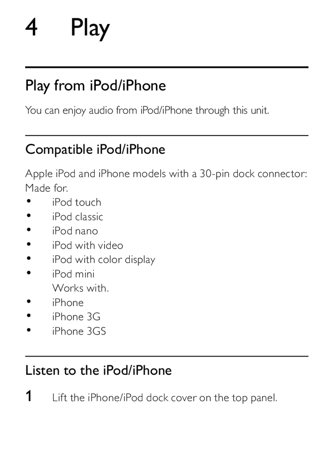 Philips DCB242 user manual Play from iPod/iPhone, Compatible iPod/iPhone, Listen to the iPod/iPhone 