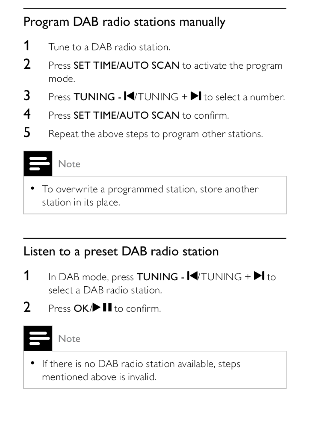 Philips DCB242 user manual Program DAB radio stations manually, Listen to a preset DAB radio station 