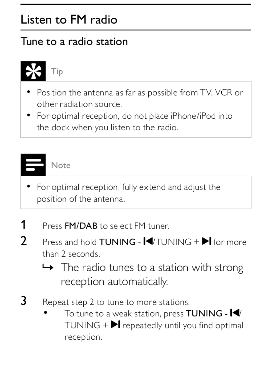 Philips DCB242 user manual Listen to FM radio, Tune to a radio station 