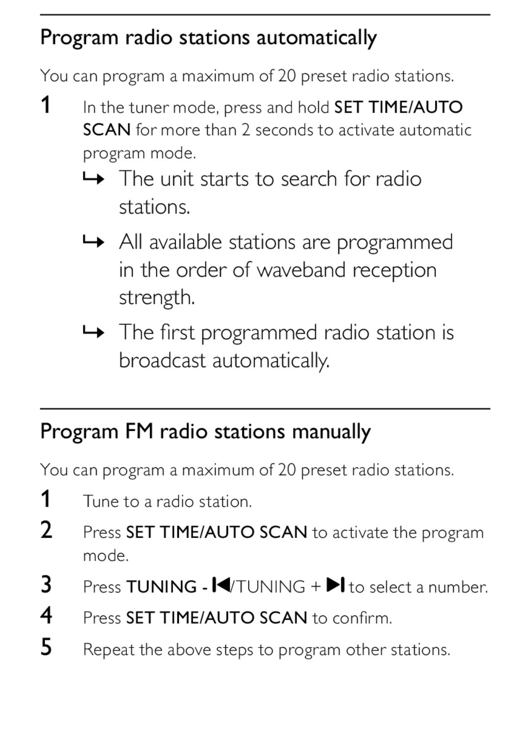 Philips DCB242 user manual Program radio stations automatically, Program FM radio stations manually 