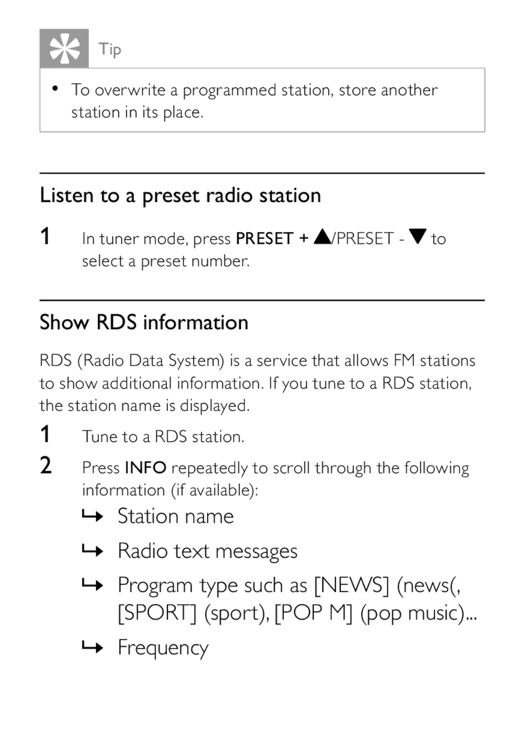 Philips DCB242 Listen to a preset radio station, Show RDS information, » Station name » Radio text messages, » Frequency 