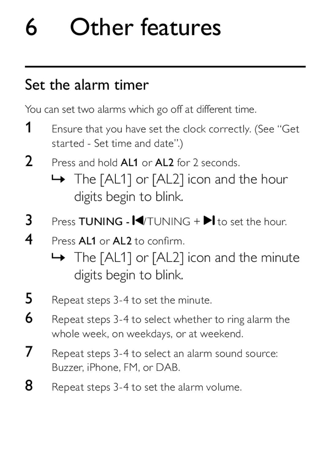 Philips DCB242 user manual Other features, Set the alarm timer, » The AL1 or AL2 icon and the hour digits begin to blink 