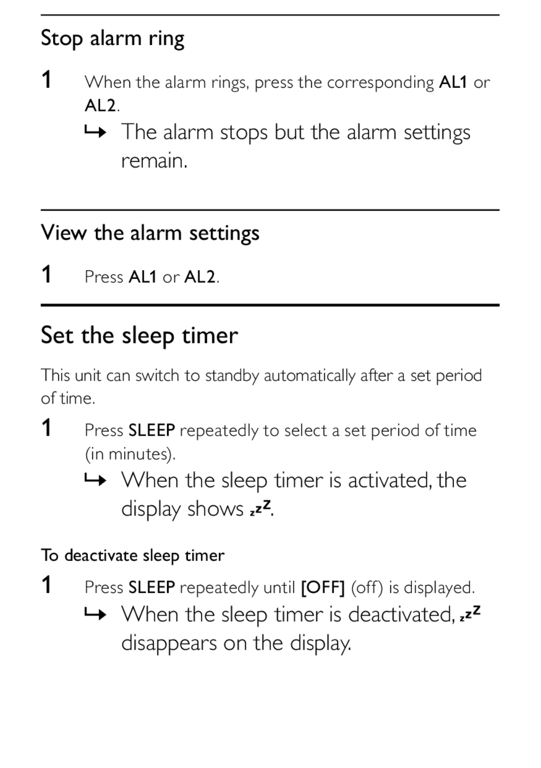 Philips DCB242 user manual Set the sleep timer, Stop alarm ring, » When the sleep timer is activated, the display shows 