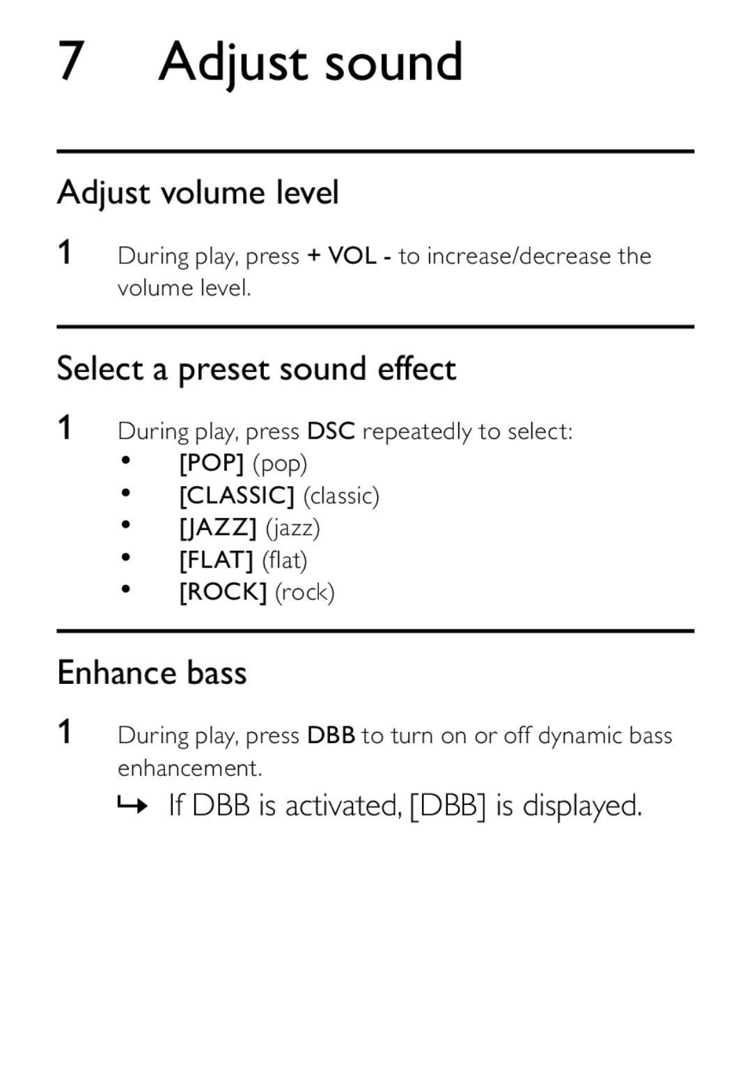 Philips DCB242 user manual Adjust sound, Adjust volume level, Select a preset sound effect, Enhance bass 