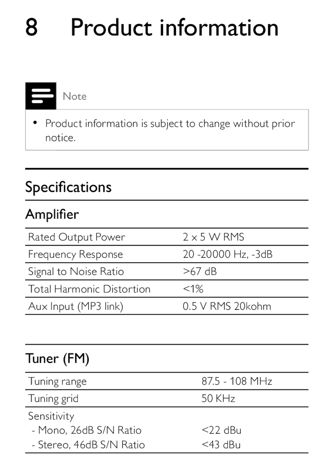 Philips DCB242 user manual Product information, Speciﬁcations, Ampliﬁer, Tuner FM 