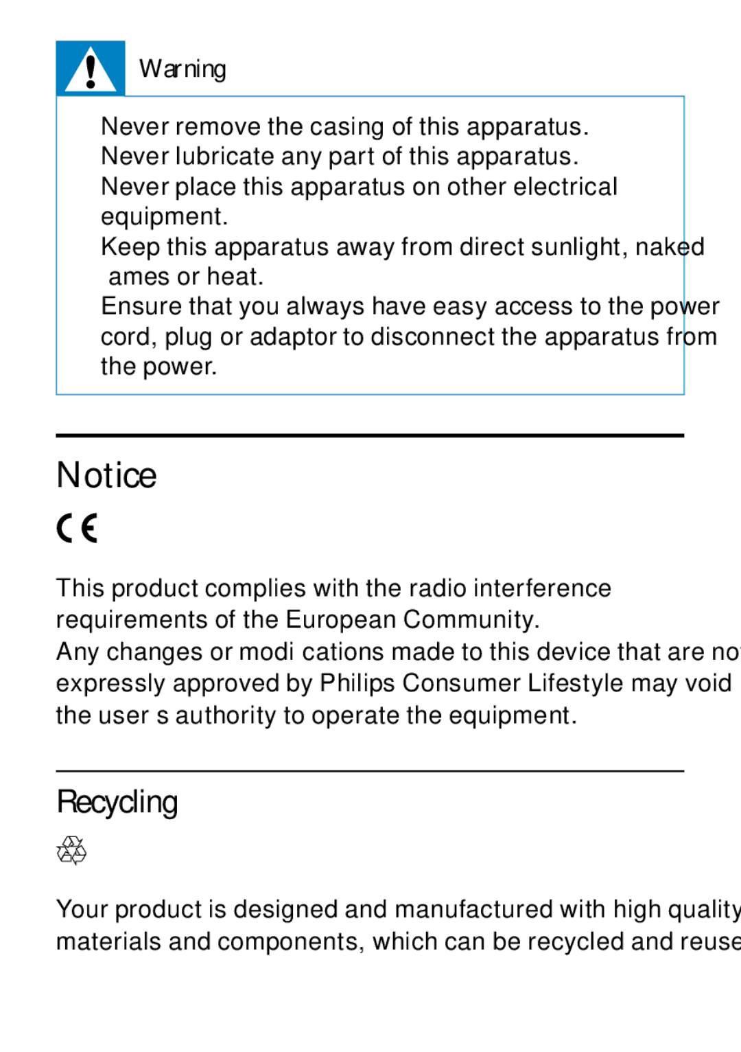 Philips DCB242 user manual Recycling 