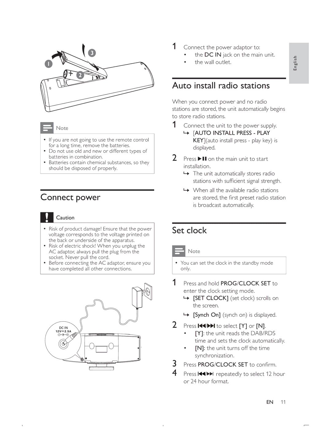 Philips DCB293 user manual Connect power, Auto install radio stations, Set clock 