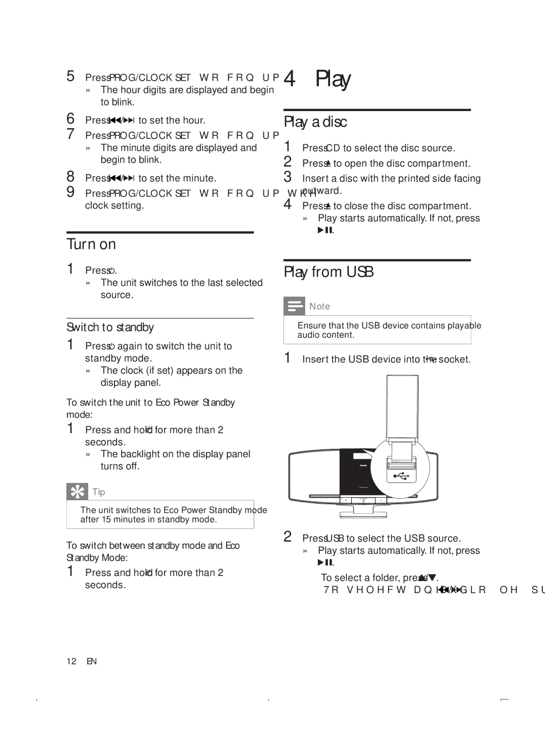 Philips DCB293 user manual Turn on, Play a disc, Play from USB, Switch to standby 