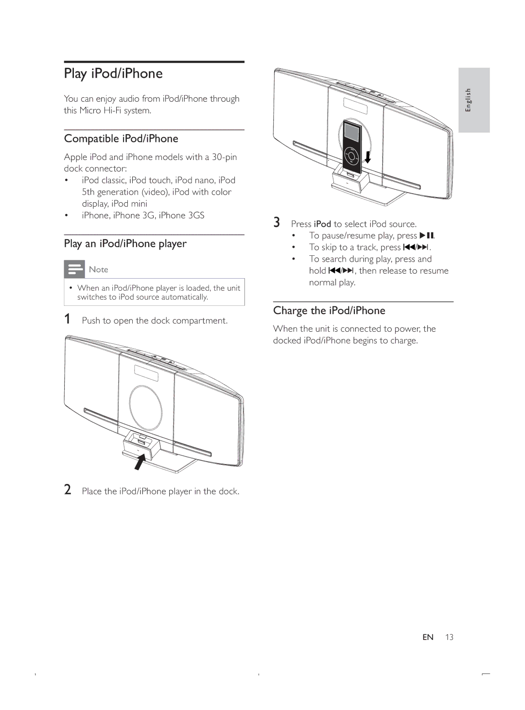 Philips DCB293 user manual Play iPod/iPhone, Compatible iPod/iPhone, Play an iPod/iPhone player, Charge the iPod/iPhone 