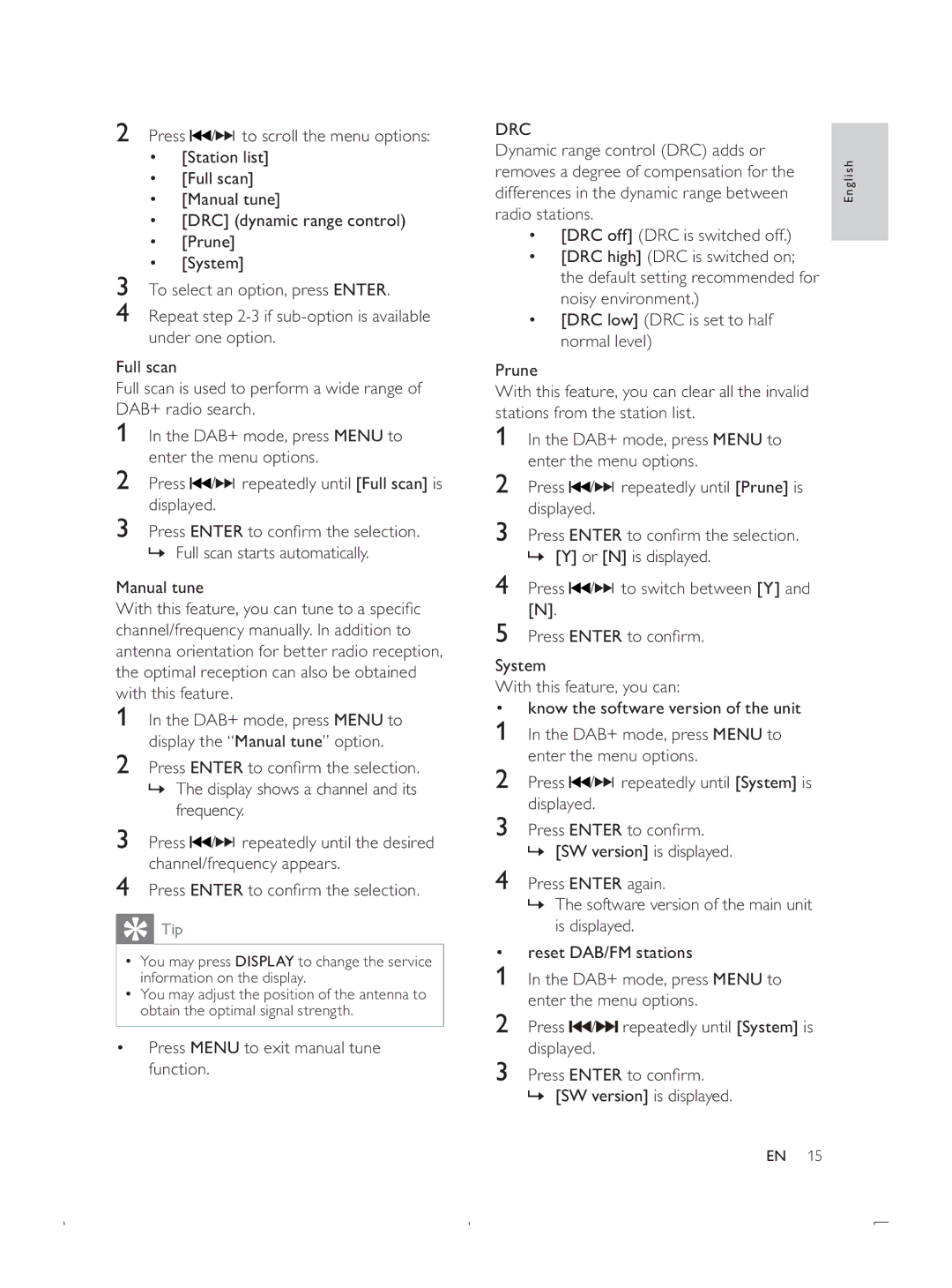 Philips DCB293 user manual » Full scan starts automatically Manual tune, ‡ Press Menu to exit manual tune function, Drc 