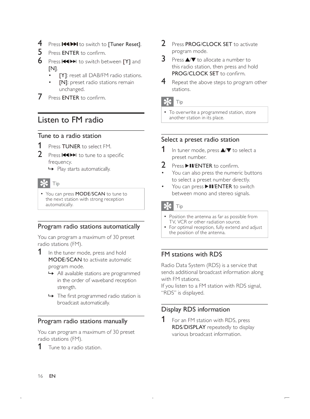 Philips DCB293 user manual Listen to FM radio 