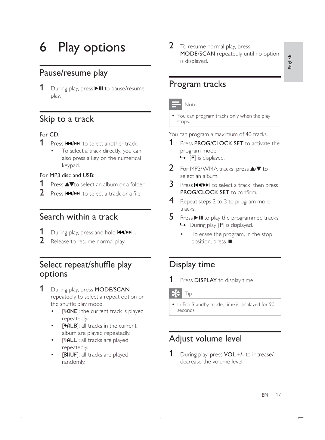 Philips DCB293 user manual Play options 