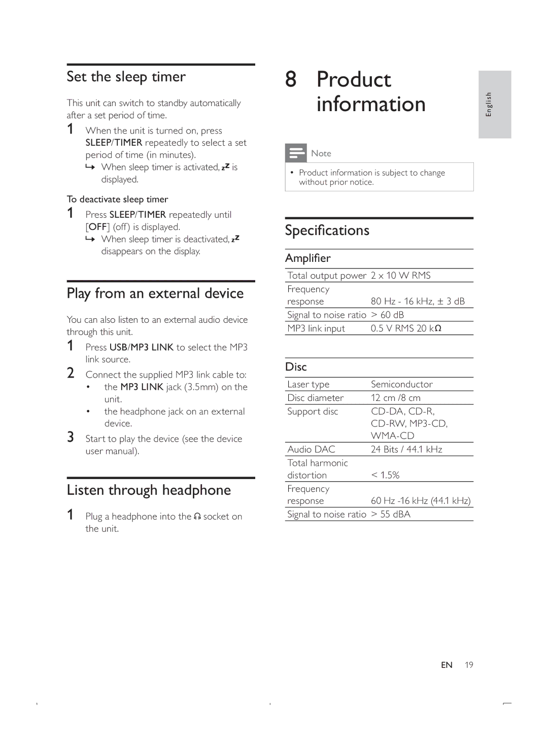 Philips DCB293 Product Information, Set the sleep timer, Play from an external device, Listen through headphone, Disc 