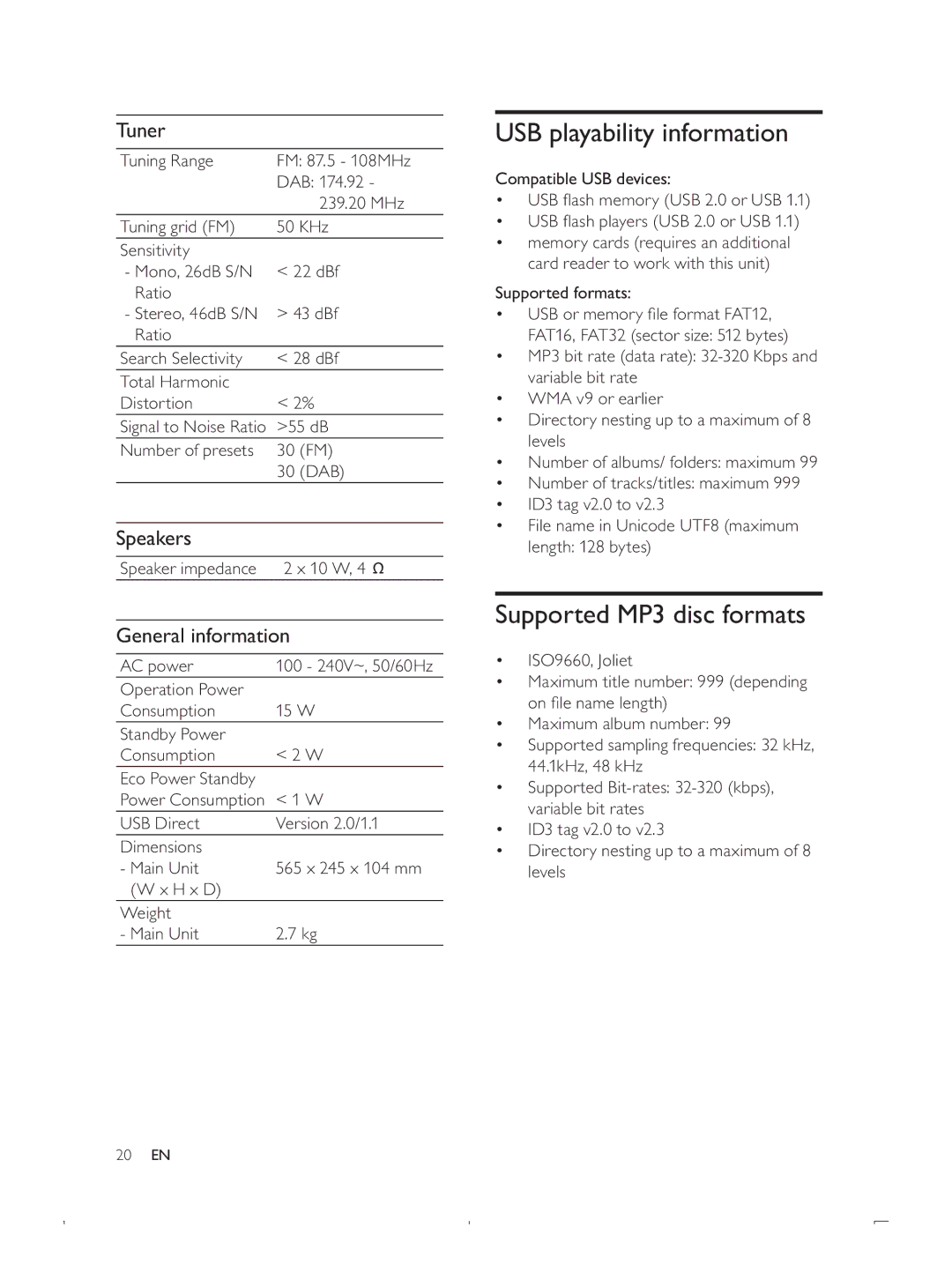 Philips DCB293 user manual USB playability information, Supported MP3 disc formats, Tuner, Speakers, General information 