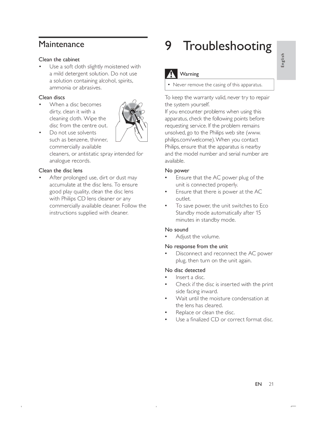 Philips DCB293 user manual Troubleshooting, Maintenance, ‡ 8VHDÀQDOLHG&RUFRUUHFWIRUPDWGLVF 