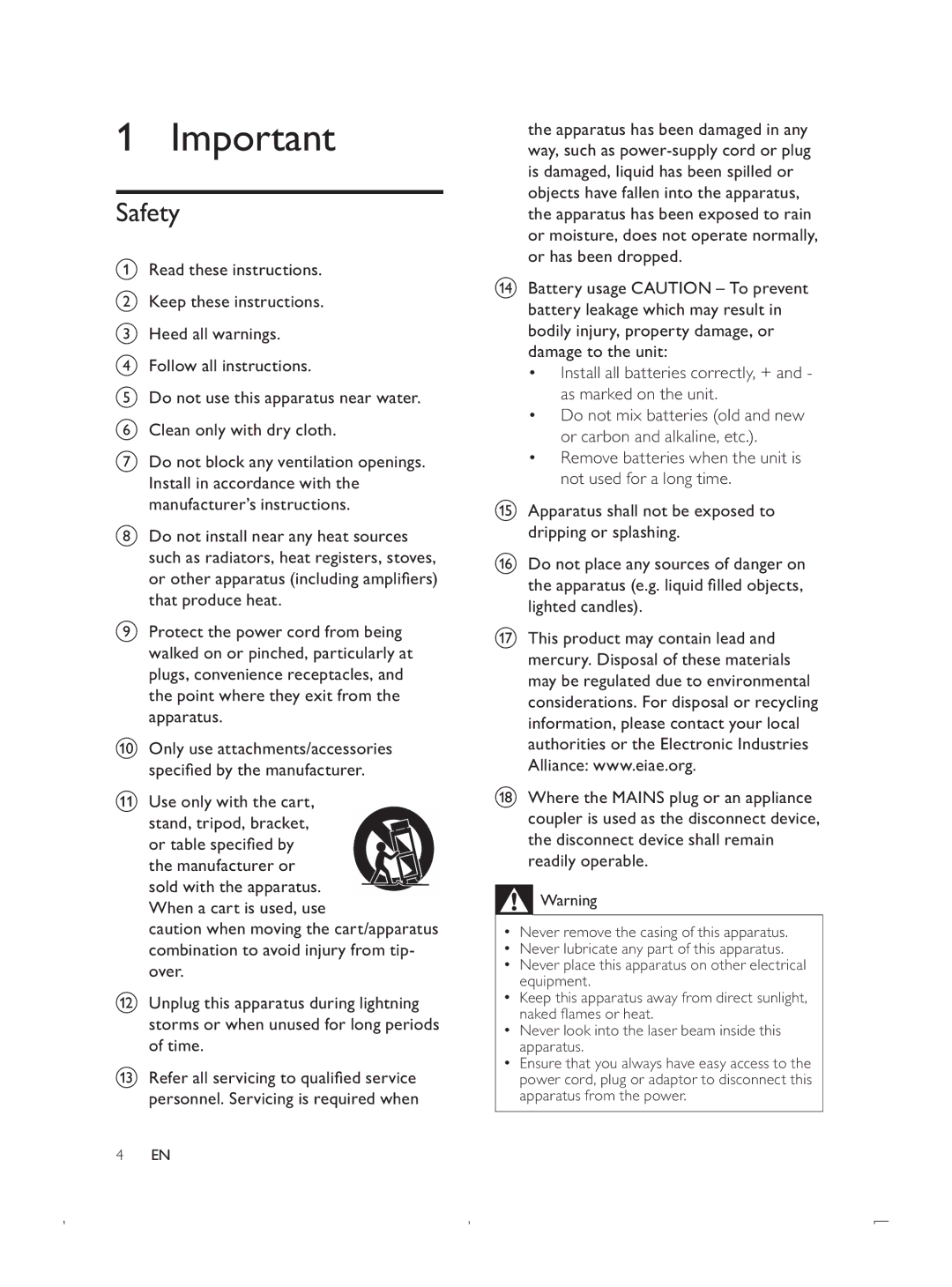 Philips DCB293 user manual Safety, VshflàhgE\WkhPdqxidfwxuhu, Use only with the cart 