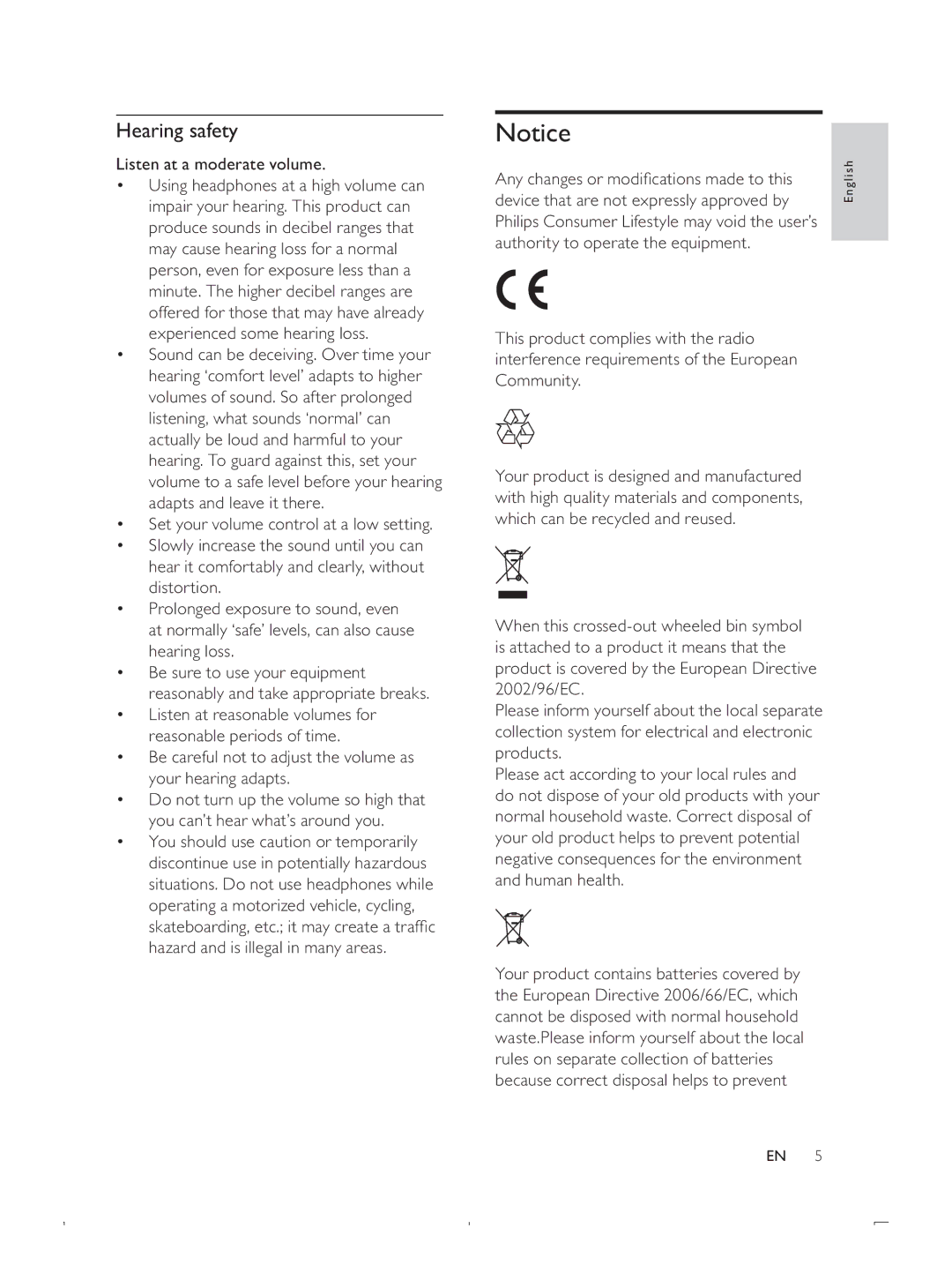 Philips DCB293 user manual Hearing safety, Listen at a moderate volume 