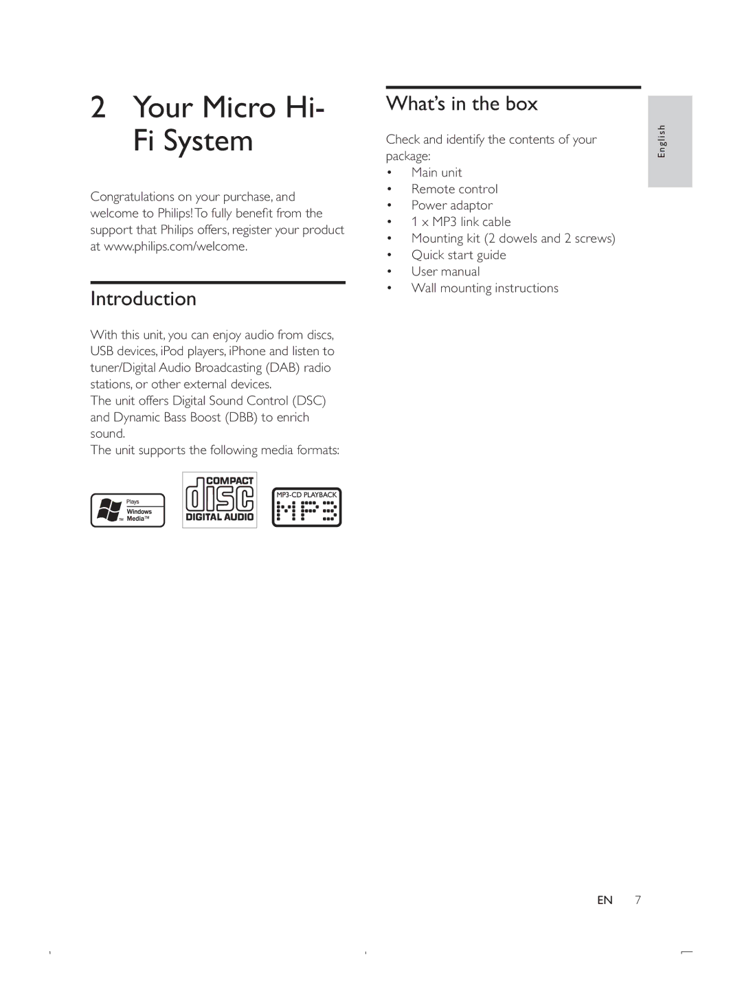 Philips DCB293 user manual Your Micro Hi- Fi System, Introduction, What’s in the box 