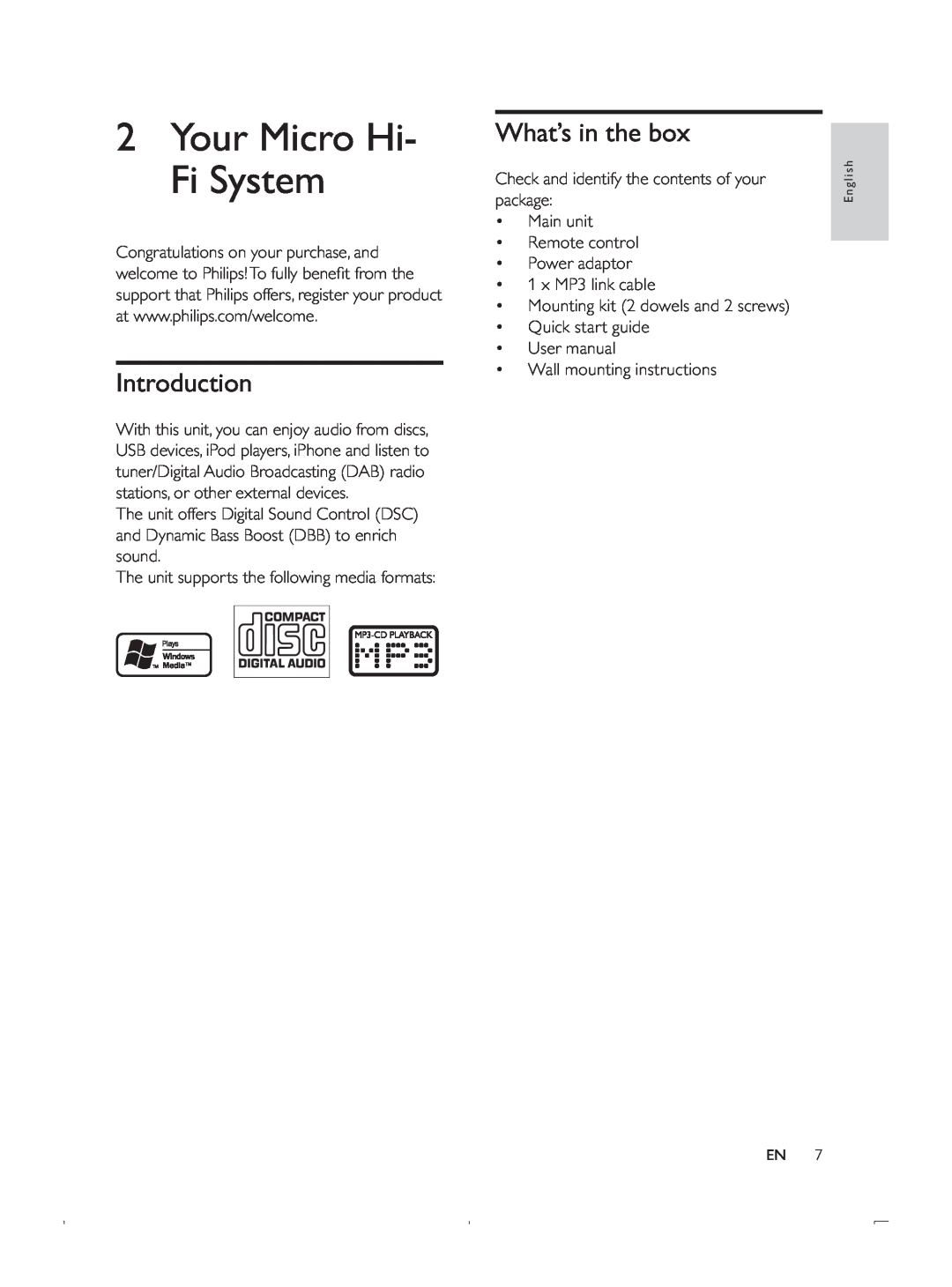 Philips DCB293 user manual 2Your Micro Hi- Fi System, Introduction, What’s in the box 